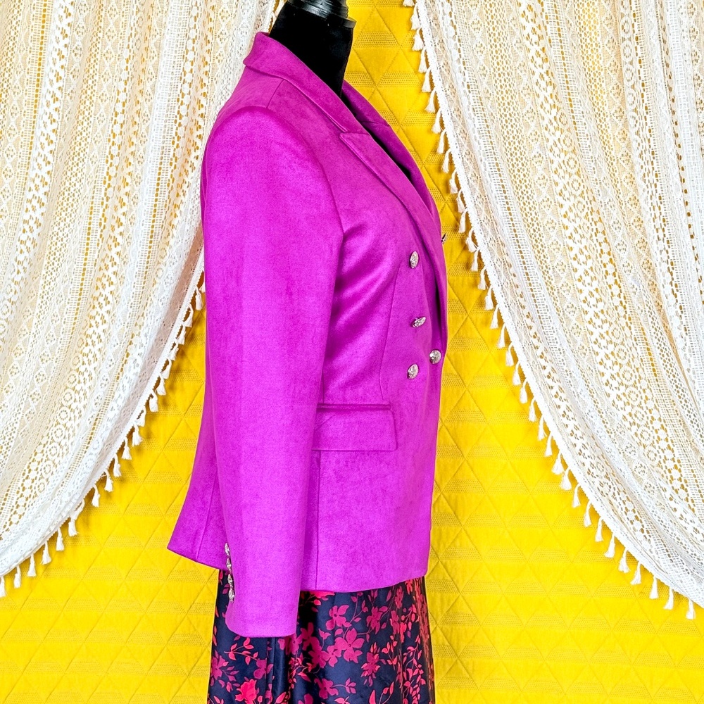 Bold Magenta Preppy Career Faux Suede Double Breasted Studio Blazer WHBM Size 12 - Picture 4 of 17